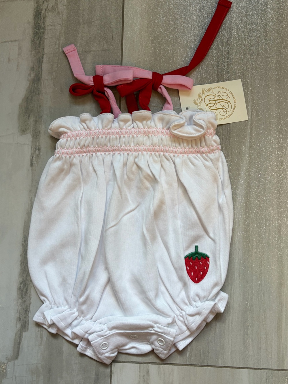 NWT TBBC White Strawberry Tie Top Pima Cotton Rosey Bubble Romper Girls 0-6M